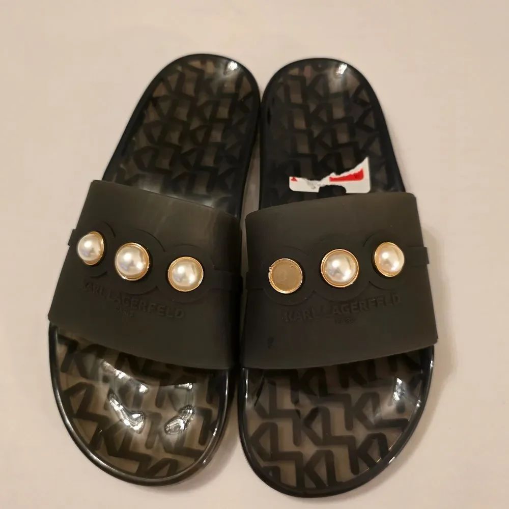 BRAND NEW KARL LAGERFELD TEAL SLIDE with CRYSTAL DETAILS SANDAL